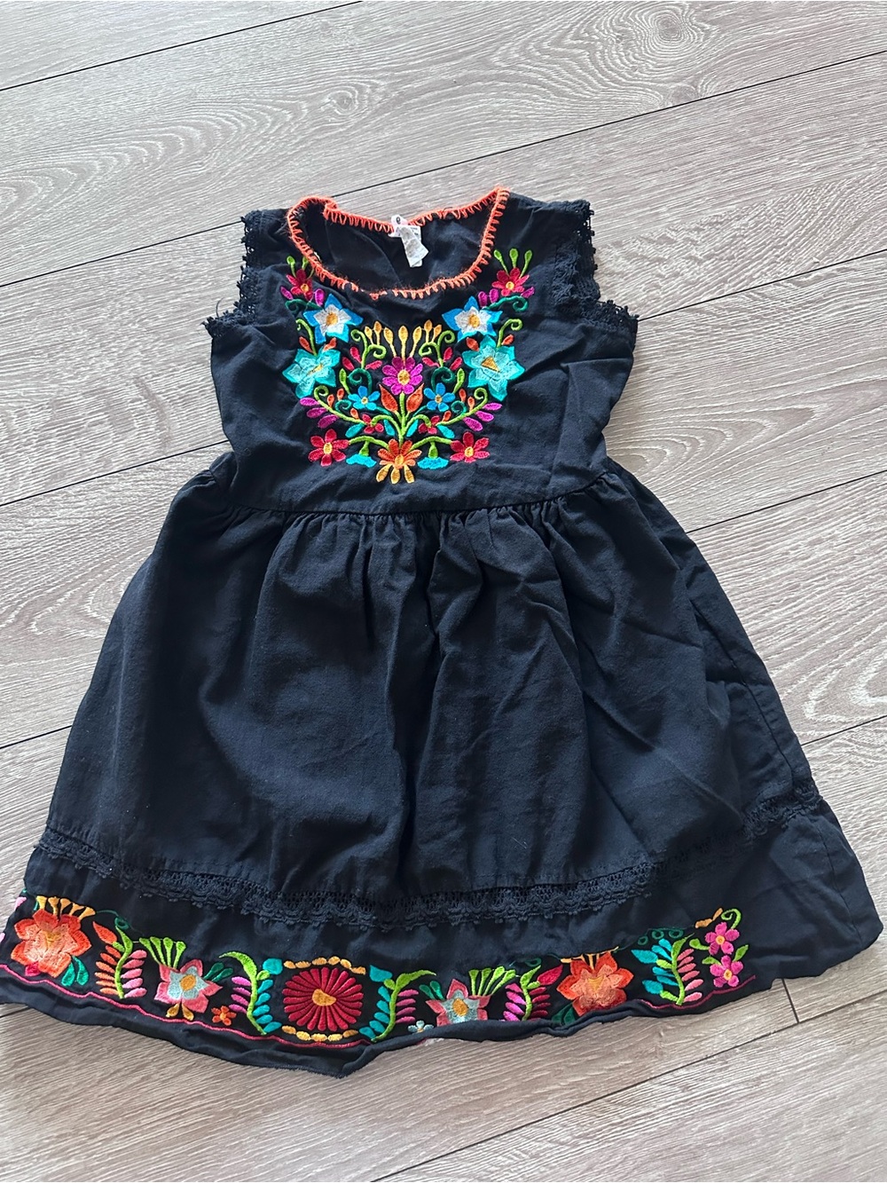 Girls Black Embroidered Floral Mexican Cotton Sundress